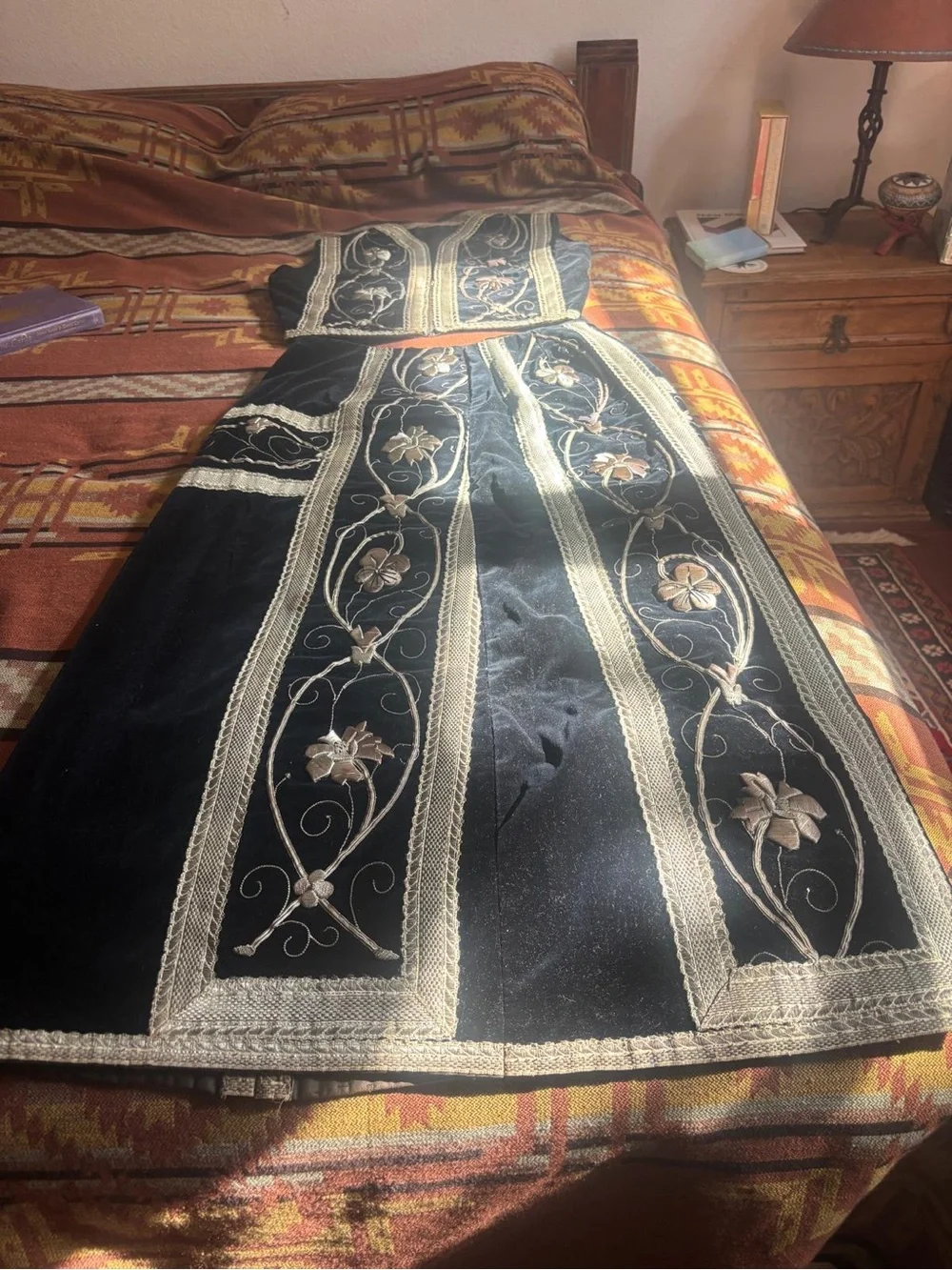 Black Embroidered Velvet Midi Skirt with Silver Floral Trim